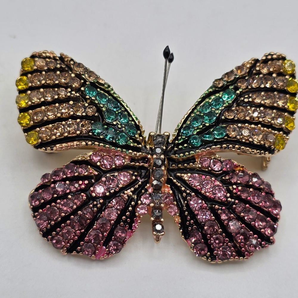 Multicolor Rhinestone Butterfly Brooch Gold Tone Crystal Insect Pin 2 Inch - Picture 3 of 8